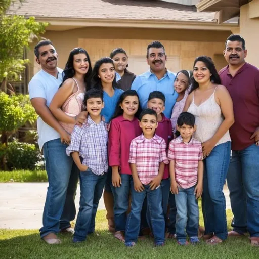 Prompt: Large Latina family consisting of father and mother, 5 sons, 2 daughters and two uncles