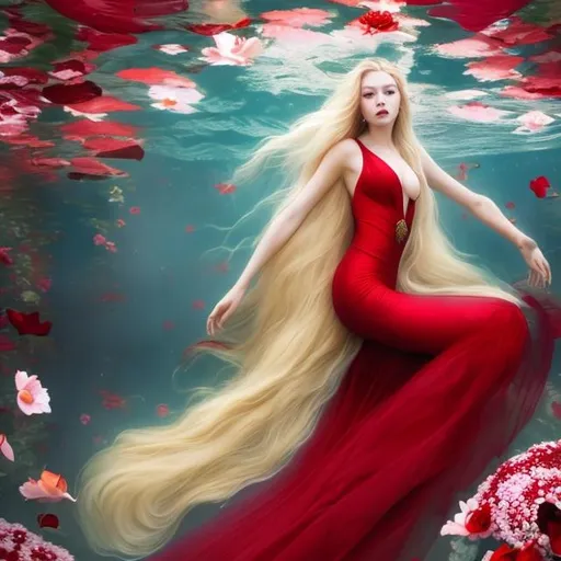 Prompt: A beautiful woman in a red gown with long blond hair plunges into deep water and flowers  reflections above her head, full body shot
