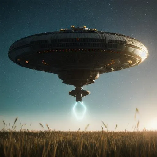 Prompt: 8k portrait of a ufo alien craft floating above a field of grass, high details, wind draft, cinematic style, xfiles, deviantart rendered in unreal engine 5, intricate details