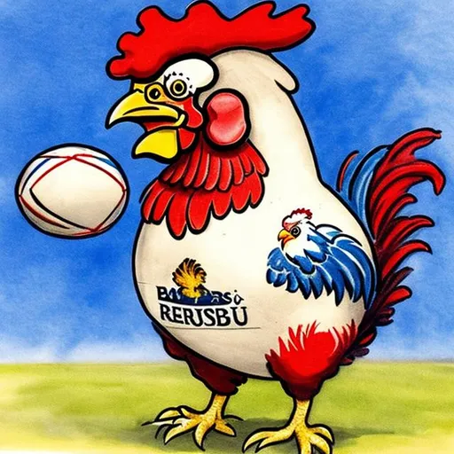 Prompt: draw a the french gallic rooster in red blue and white wearing a rugby shirt while holding a rugby ball