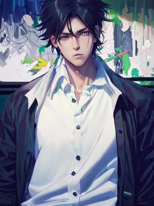 Prompt: illustration art, front, modern fashion, epic Instagram, artstation, hyperdetailed, unreal engine, modern anime anime style, complementary colors, 8k, deviantart masterpiece, oil painting, heavy strokes, young man, messy curtains hair, green pear eyes, crossing his arms, collared shirt, tight sleeve shirt