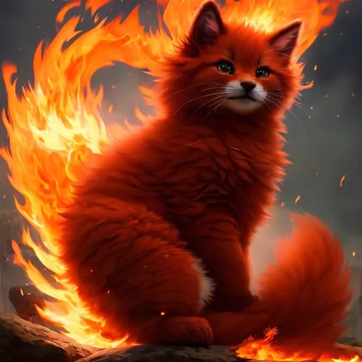 Prompt: Cute, red, fluffy, fiery fur, fire kitten, possessing the element of fire and making circles of fire and fire move around in the air in a magical way. Perfect features, extremely detailed, realistic, complimentary colors. Krenz Cushart + loish +gaston bussiere +craig mullins, j. c. leyendecker +Artgerm.