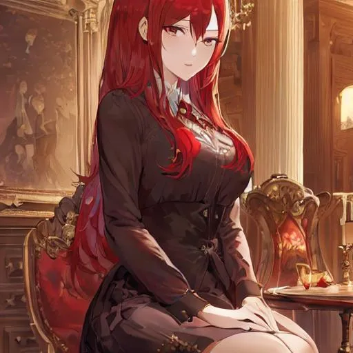 Prompt: masterpiece, illustration, best quality:1.2), 1girl, solo, red hair, dignified , finely detailed, detailed face, beautiful detailed eyes, beautiful detailed shading, beautifully detailed background, surtr, arknights, short black skirt