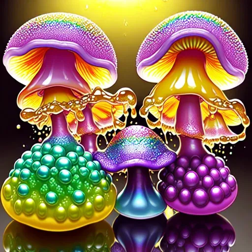 Prompt: Iridescent rainbow mushrooms bursting into tangerine spun sugar. Pearly spheres of goo. Sorbet fungi leaning into one another with matching bouffants. molds like bright yellow blackberries. Golden fungal goblets overflowing with effervescent honeycomb. Opalescent slime spherules in crinkled sweet wrappers.  intricate patterns. slime mold, myxomycetes, global illumination, occlusion, volumetric lighting, wide angle shot,  photography by Barry Webb, Ernst Haeckel 128K UHD Unreal Engine 5, octane 