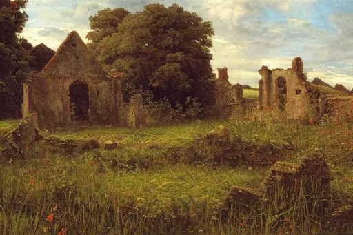 Prompt: a grass land and ruins and small village, john waterhouse, 8K resolution, analogous colors, highly detailed