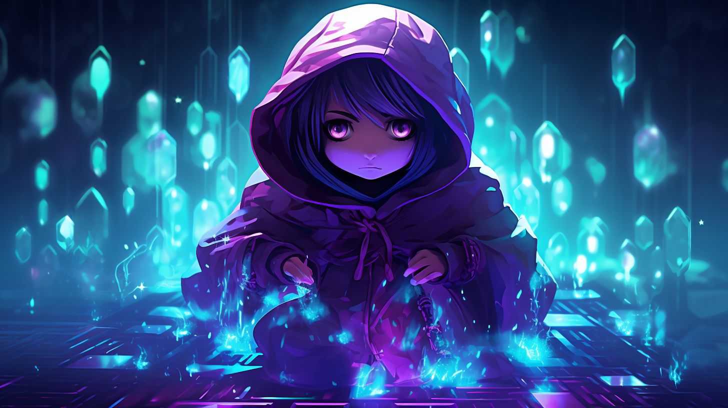 Prompt: The image features a pixelated, chibi-style character with hues of turquoise and lilac, floating against a dark backdrop. The character wears a hooded cloak, with purple eyes peeking out, and is surrounded by shimmering pink particles.