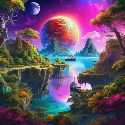 Prompt: Fantasy planet landscape with ship and moon, beautiful, colorful, fantasy art, digital painting, hyperrealism, hyperdetailed, landscape, photorealistic, psychedelic, radiant,  vibrant, Has trees and an island, abandoned ship, has a mountain in the background