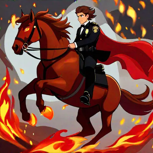 Prompt: Caleb  as a police officer (brown hair) (brown eyes) wearing a tuxedo, full body, riding a (demon horse, glowing red eyes, black coat, firey mane, and tail) running through hell