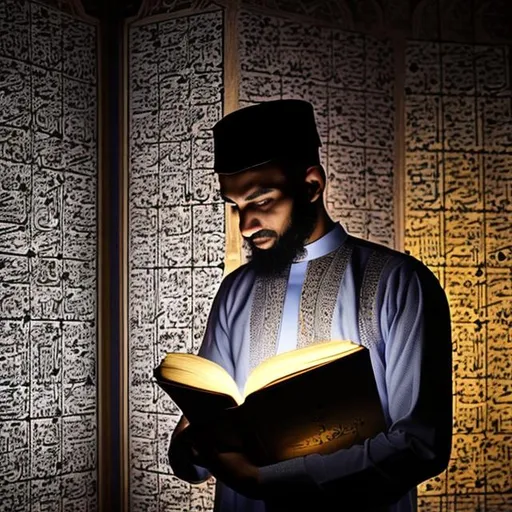 Prompt: A muslim man, hugging the quran tightly,  with complete darkness as the background, and light shing from the quran illuminating his silhouette