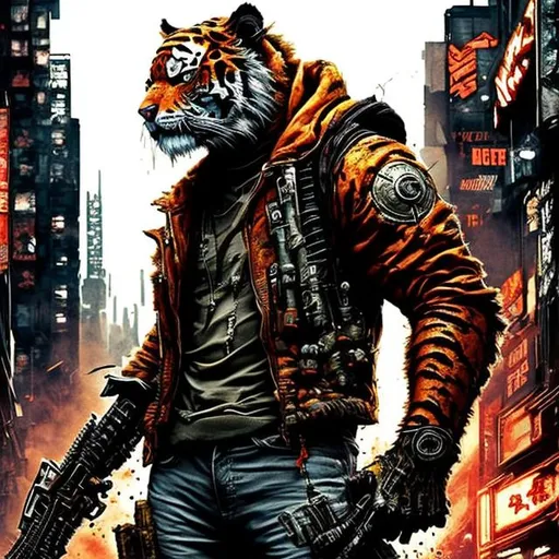 Prompt: Gritty Todd McFarlane style Tiger. Full body. Gritty, futuristic army-trained villain. Bloody. Hurt. Damaged. Accurate. realistic. evil eyes. Slow exposure. Detailed. Dirty. Dark and gritty. Post-apocalyptic Neo Tokyo .Futuristic. Shadows. Armed. Fanatic. Intense. 