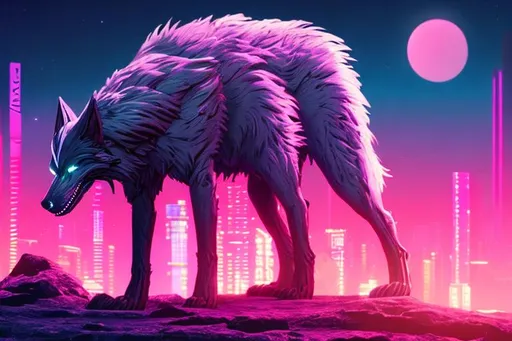 Prompt: Synthwave Fenrir the giant wolf walks towards futuristic odin to fight. 