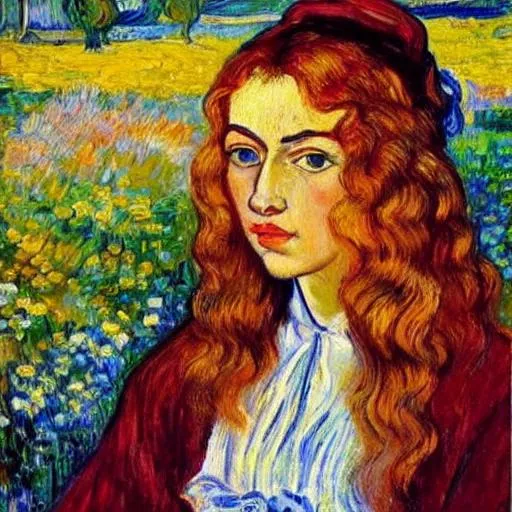 Prompt: Beautiful Romanian, Van gough impressionist scene, spring meadow, flowers, including Baby girl; blonde with blue eyes, Fine art, Welsh painting, Arianwen. Van gough painting meadow, Perfect face, art, golden ratio, perfect face 