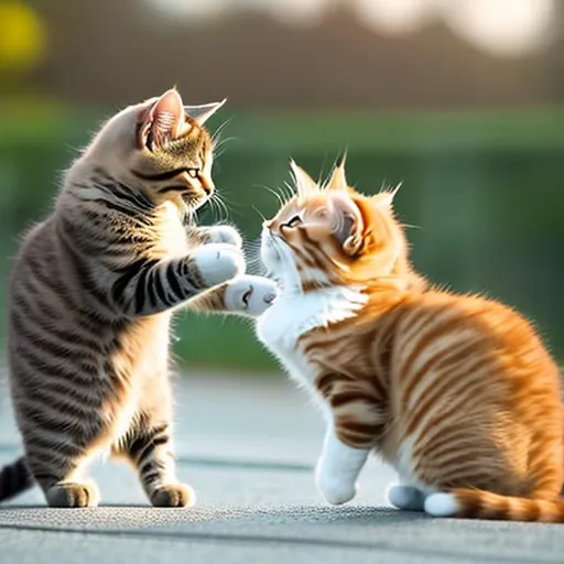 Prompt: cat fighting with kitten cute morning outside 