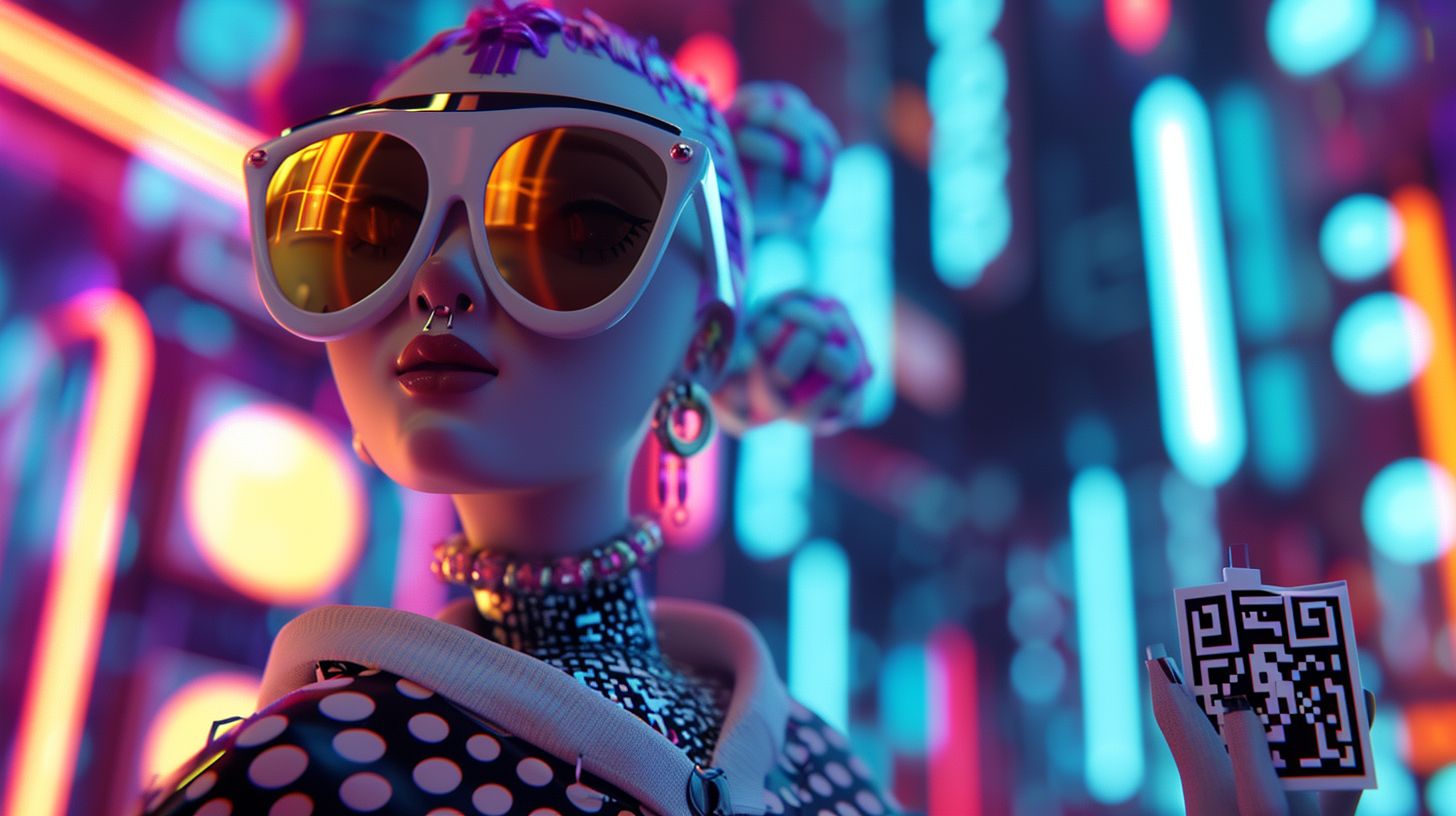 Prompt: a character in sunglasses and a qr code, rendered in a 3D style with luminous spheres, bold geometries, mcdonaldpunk, animated mosaics, alan kenny, hard edge, and extreme angle