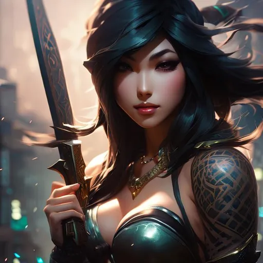 Prompt: upper torso portrait of league of legend's Akali as assassin, tattoos, soft lighting, perfect composition, cinematic, video game trailer, dramatic, detailed painting, 8k, octane render, by makoto shinkai, stanley artgerm lau, wlop, rossdraws, concept art, digital painting, looking into camera,
