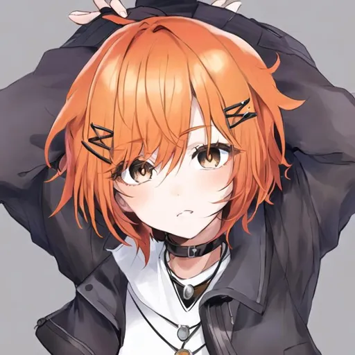 Prompt: Portrait of a cute girl with short, orange hair and grey eyes wearing a white shirt, black jacket, necklace, and hair clips 