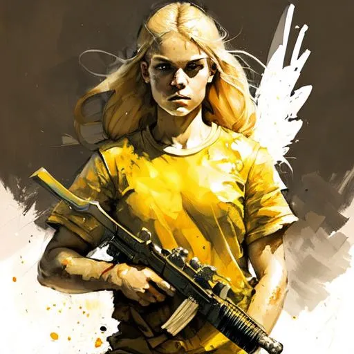 Prompt: Blonde haired angel standing on a battle field wielding a holy weapon. 