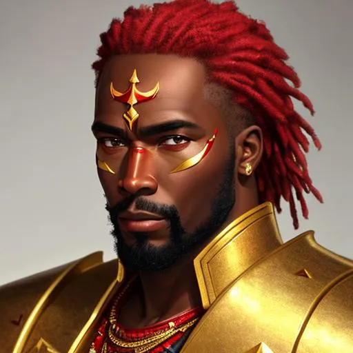 Prompt: oil painting, , UHD, 8K, Very Detailed,  panned out view of the character, an African man with a scar on his face, wearing red and gold armor