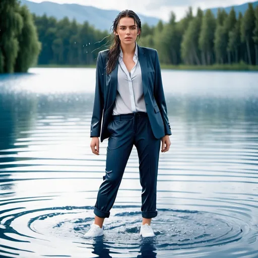 Prompt: photo of young woman, soaking wet clothes, White sneakers, Long Black Business suit trousers, Grey blouse and blazer,  , Standing in a blue lake,   enjoying, water dripping from clothes, clothes stuck to body,  detailed textures of the wet fabric, wet face, wet plastered hair,  wet, drenched, professional, high-quality details, full body view , Wet hair