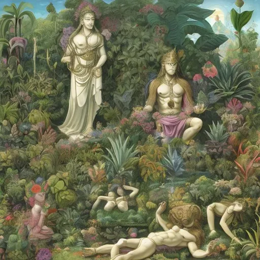 Prompt: The god Enki laying on the ground surrounded by plants, vegetation and flowers while other gods burst from his chest as the goddess Ninhursaga watches