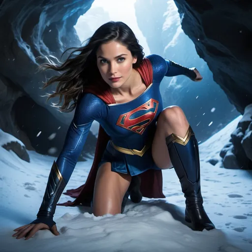 Prompt: A wide full body shot of Supergirl, with black hair and blue streaks, wearing a black and blue weathered outfit, slamming into the ground with her hand in a snowy mountain cave, realistic
Approximately 26 years old, embodying beauty, use a lens that enhances her features in a soft yet vivid light, aiming for a mood that's uplifting and serene, with lighting that feels gentle and flattering. The color grading should enhance the natural warmth and depth of her features, spectacular scene with exceptional clarity in 4K