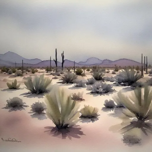 Prompt: Rainy afternoon on a desert oasis in watercolor