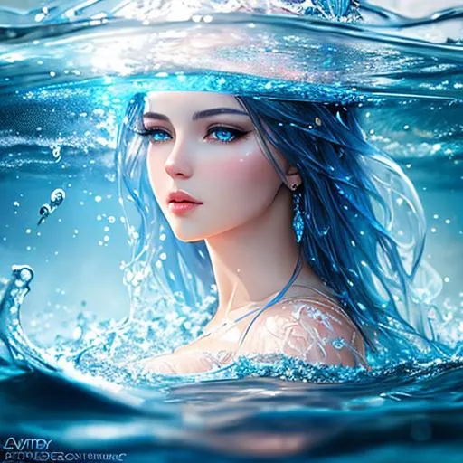 Prompt: Beautiful woman made of water, Realistic, fantasy art, Hyper detailed, Photo-realistic eyes, water splashing, enigmatic lighting ,by WLOP 