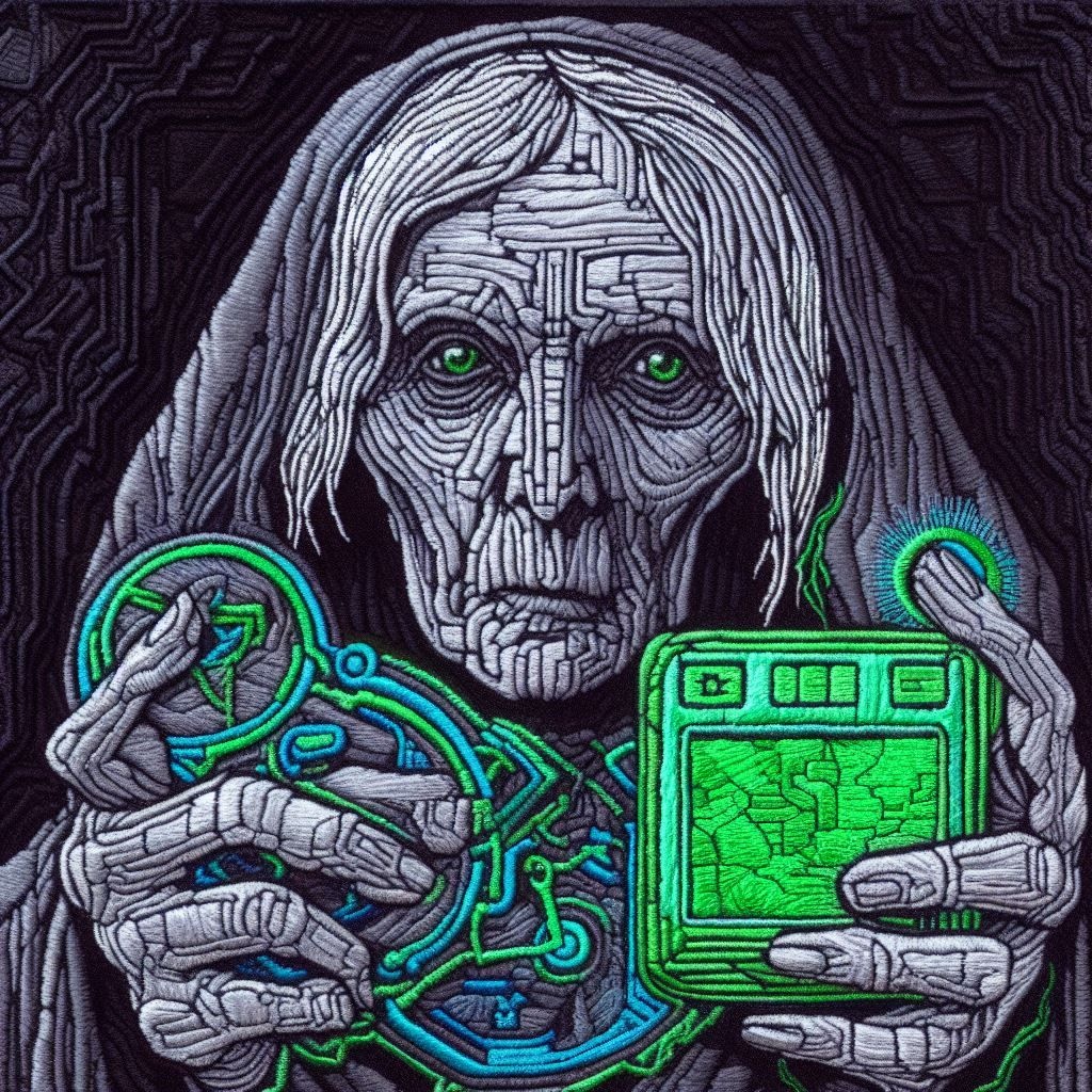 Prompt: game maker game old woman, in the style of psychedelic portraits, dark silver and light green, sgrafitto, fujifilm provia 400x, john pitre, embroidery