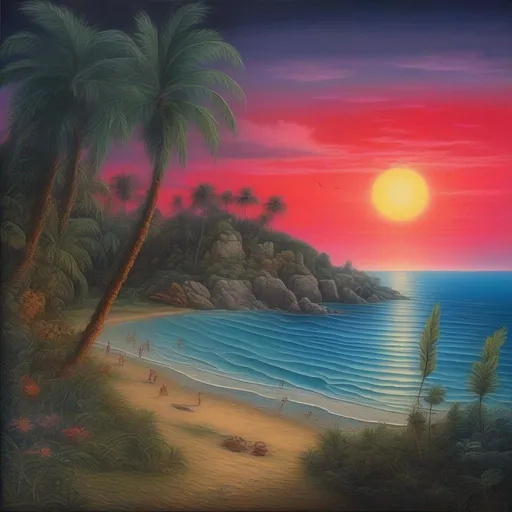 Prompt: twilight at a tropical beach, vibrant colors, realistic, highly detailed, in the style of Albrecht Altdorfer