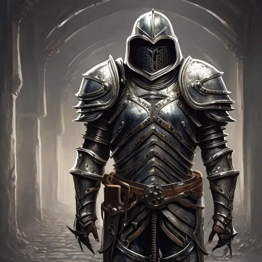 Prompt: Hyper realistic, Full body plate armor, human proportions, helmet, rule of thirds, cinematic, octane, medieval fantasy, Evil looking,  Full view, dungeon background