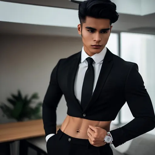 Prompt: crop top, black long sleeve business suit with a black necktie, bare midriff, bare navel, black business suit pants, attractive, 20-years old, determined, long hair, male, man, six pack abs, looking at midriff abs, flexing abs on midriff, hands on hips, sweating excessively, (living room), ((high quality)), 4k, hdr, ((highly detailed)), ((vibrant)),