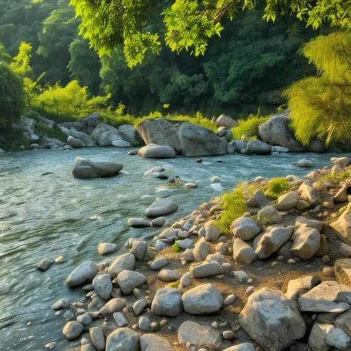 Prompt: a beautiful scenery with natural flowers surrounding a river. Rocks are at the edge of the river. Trees along the river with sun rising