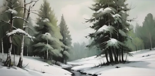 Prompt: painting of trees covered in snow, in the style of grigory gluckmann, Norwegian nature, uhd image, abigail larson, realistic landscape, traditional oil painting, green and gray