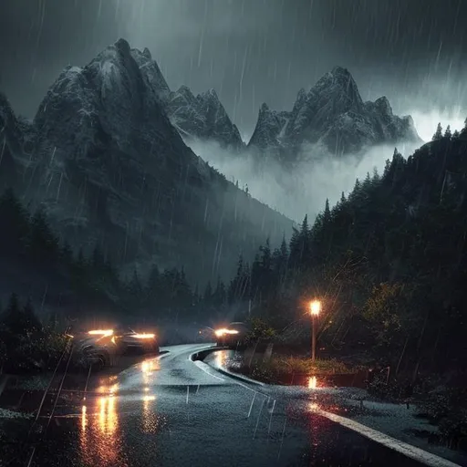 Prompt:  a beautiful rainy day, mountains, night, calm, alone, realistic, hyper-realistic, realism, elon musk, 32k, photography, hdr, 1080p, cinematic Hyperrealistic, splash art, concept art, fictional characters, mid shot, intricately detailed, colour depth, dramatic, 2/3 face angle, side light, colourful background, beautifully shot, perfect composition, atmospheric, moody, straight-forward face, clear face, 