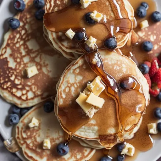 Prompt: Pancakes topped with butter and maple syrup