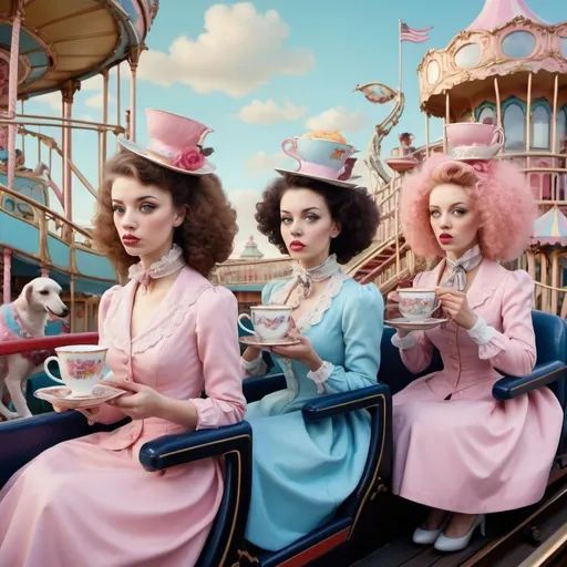 Prompt: Serious women drinking out of ornate teacups riding a roller coaster, surrealism, fun house, carnival, pastel colors, carousel, monorail, pink poodles, bluebird on leash, Victorian style 