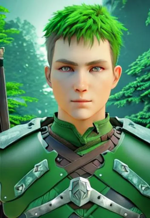 Prompt: Digital art, a 21-year-old viking man, short brown hair, viking forest, green gear, silver armor, light green eyes, Tidal Class seal on chest armor, unreal engine 8k octane, 3d lighting.