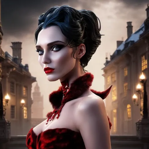 Prompt: 4k 3D professional modeling photo live action human woman hd hyper realistic cruella devil beautiful british woman right half hair white left half hair black fair skin brown eyes beautiful face red lips spotted fur coat and red dress luxury landscape hd background with live action mansion