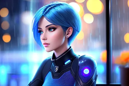 Prompt: Cortana sitting at a cafe and it's raining outside, a digital painting of woman’s face, digital art, in style of 3d render, red realistic 3d render, a beautiful artwork illustration, smooth 3d illustration, beautiful, holographic, futuristic, pale blue skin, wearing futuristic outfit with glowing spots, short hair, holographic like