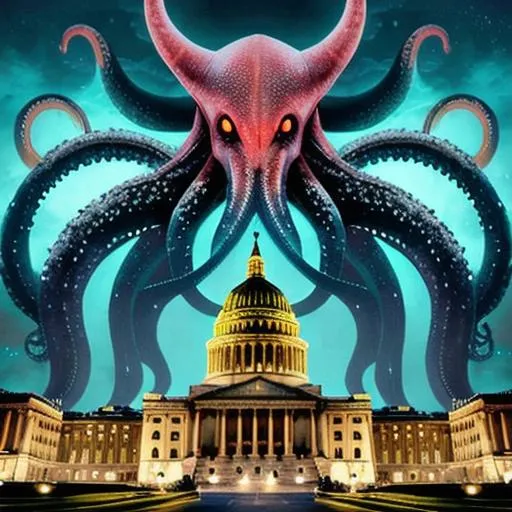 Prompt: Giant alien king squidapus with razor tentacles insurrecting the capital building on January 6th giant evil detailed tentacles 
