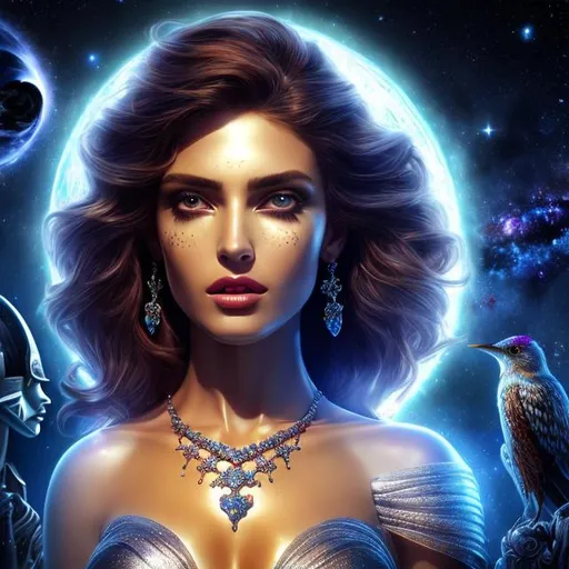 Prompt: HD 4k 3D 8k professional modeling photo hyper realistic beautiful woman ethereal greek goddess of fate/destiny of the universe
black starry hair updo silver eyes gorgeous face mixed freckled skin shimmering shiny dress jewelry crown full body  surrounded by magical glowing ambience hd landscape background balance of universe planets 