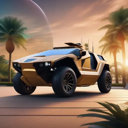 Prompt: A hovercar that looks like a Ferrari Humvee Fusion, is parked outside, Space Miami Background, Planets visible in the background, Palm Trees, {{{masterpiece}}}, UHD, 4K, 