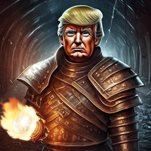 Prompt: Donald trump wearing iron armor while holding a torch in a creepy sewers 