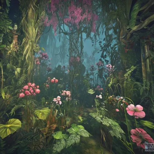 Prompt: hidden world, overgrown, flowers, fauna, hidden 