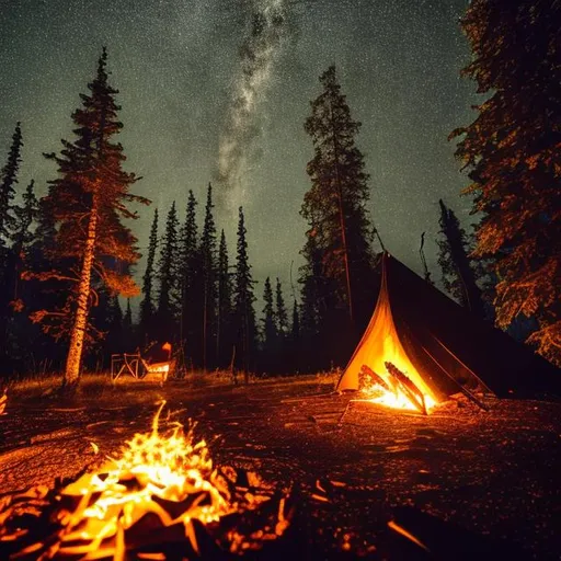 Prompt: Nordic camp, fire, sparks, night, sky, glow, rain, magical, lights 