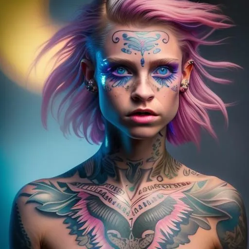 Prompt: ((best quality)), ((masterpiece)), ((realistic)), (detailed), woman, sfw, rocker girl, detailed background, bioluminescent tattoos, nose ring, Short pixie with straight hair and undercut, big blue eyes, (looking at viewer:1. 2), (high angle shot:1. 3), colorful tattoos, blue and pink hair, detailed background, in the night city, portrait, smiling, seductive look, night, close up face shot, soft lights, 8k, realistic, 105mm, bokeh, raytracing, focus face, splash page, tonemapping