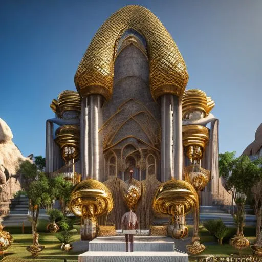 Prompt: baroque inspired Congolese architecture with precolonial congolese art inspiration and Congolese minerals, volumetric natural light, ultra realistic, vray, far view, perspective landscape