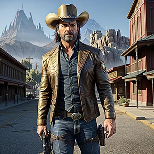 Prompt: {center shot} 3D, HD, Western, Sinister, Epic, Scary!!!!({Middle-aged}Male as Gunfighter) {facing camera}, Expansive Old West Town background, ultra-detailed, backlit, shadows, ultra-sharp focus, detail, ominous, symmetrical, golden ratio, intricate, cinematic character render, unreal engine 5, 64K --s98500