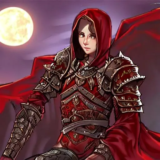 Prompt: A painting of a Female Human Paladin, adorned with black and red armor. She is surrounded by undead corpses with a full moon