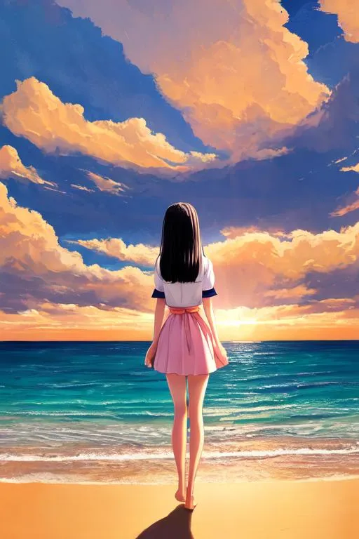 Prompt: vast scenic view sea with very wide angle, looking from behind and below, full body visible,

masterpiece best quality 1 petite young anime girl, black hair, blue and white high school outfits, standing, look at the sea,

digital painting, precise brush strokes, precise brush outlines,

cloudy, sunshine on cloud, sunshine,

light yellow and light orange and light pink glowing light, light yellow and light orange and light pink glowing sunshine, cinematic light, highly detailed light reflection, iridescent light reflection, beautiful shading, impressionist painting, yellow contrast cloud, hyperdetailed cloud shading, head light,

volumetric lighting maximalist photo illustration 64k, resolution high res intricately detailed complex,

illustration, key visual, hyperdetailed precise lineart, vibrant, panoramic, cinematic, masterfully crafted, 64k resolution, beautiful, stunning, ultra detailed, expressive, hypermaximalist, colorful, anime art, brush strokes,